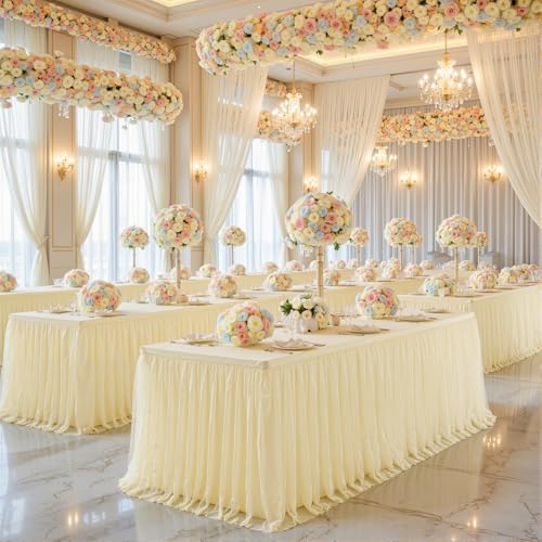 6ft Champagne Tulle Tablecloths for Rectangle Tables Stretch Rectangular Table Cloths Wrinkle Free 6 Foot Spandex Table Cover with Tutu Skirt for Wedding Birthday Party Banquet Buffet Cake Desk Skirt - Image 4