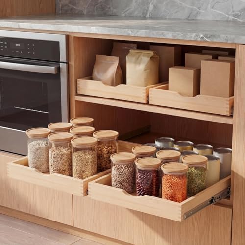 Menkxi 2 Set Wooden Pull out Cabinet Organizer Fully Assembled Slide out Pantry Drawer with Gentle Close Storage Shelf Tray for Base Kitchen Under Sink Bathroom Accessory(Wood Color,15'' X 21'' X 3'') - Image 5