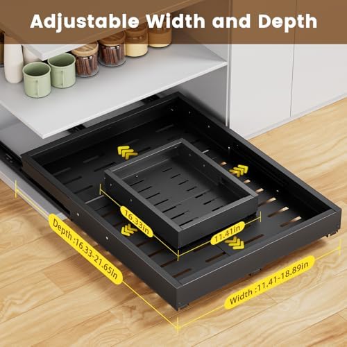 Upgrade 2 Pack Pull Out Cabinet Organizer, Expandable Width (11.4"-18.9") Depth (16.3"-21.7") Pull out Drawers for Cabinets with 3 Rails, No Drill Adhesive Film or Nail Slide out Drawers for Kitchen - Image 2