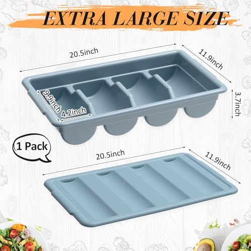 Maxdot 1 Pcs 20.5 x 11.9 x 3.7 Inch Silverware Organizer with Lid, Commercial 4-compartment Restaurant Kitchen Cutlery Tray, Plastic Silverware Storage Container, Condiments Holder (Grayish Blue) - Image 2
