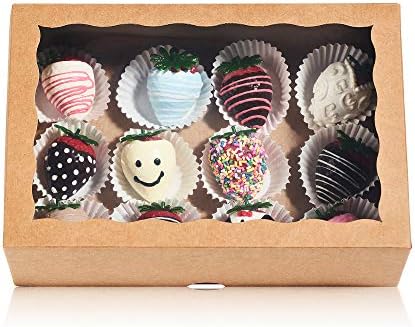 24PCS 10 x 7 x 2.5 inches Professional One Piece Strawberries Boxes, Cookies Boxes with With Clear Window for Visibility, Brown Natural Kraft Paper Box by JCXGRVC