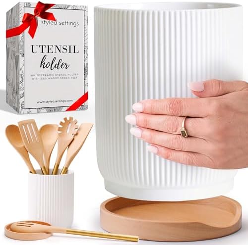 STYLED SETTINGS White Ceramic Utensil Holder with Built-In Wooden Spoon | 2 Piece Set for Kitchen Countertop Organization, Ceramic Utensil Crock & Wood Spoon Rest by STYLEDSETTINGS