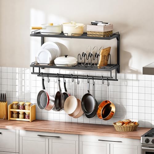 Pot Rack, Wall Mounted Pan Holder, 2-Tier Pot and Pan Organizer, Heavy Duty Pot Hanger with 10 S-Shaped Hooks, Cookware Organizer with 5 Removable Metal Wire Dividers, for Kitchen, Black TPR35BB - Image 3