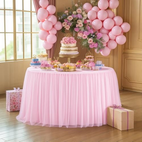 HB HBB MAGIC Light Pink Round Tablecloth 48 inch Stretchy Elastic Fitted Round Table Cloth Cover, Pink Table Cloths for Parties Tulle Table Cloth with Skirt Wedding Bridal Shower Tables Decoration - Image 2
