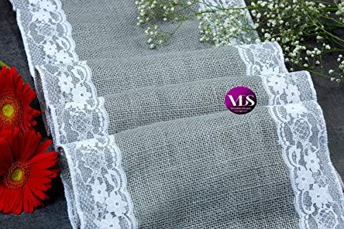 VDS Pack of 12, Burlap Table Runner with White Lace Edge, 100% Natural Jute Rustic Hessian Table Cloth Centerpiece for Wedding Birthday Party Banquet Table Decoration (Size 12X108 Inch)(Silver Grey) - Image 6