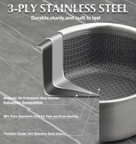KOCH SYSTEME CS Hybrid Nonstick Stainless Steel Sauce Pan 3QT, Tri-ply Stainless Steel Pot with Honeycomb Interior, Hybrid Sauce Pan with Lid, 18/10 Steel Pot, Induction Compatible - Image 3