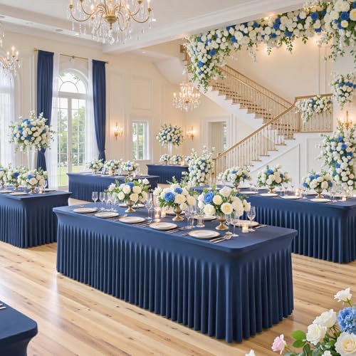 6 Pack 6ft Navy Blue Spandex Table Cloths for Rectangle Tables Wrinkle Free Rectangle Tablecloths, Stretch Fitted Table Cover with Skirt for Birthday Party Wedding Banquet Baby Shower Buffet Event - Image 2