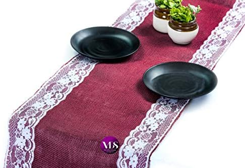 VDS Pack of 25, Burlap Table Runner with White Lace Edge, 100% Natural Jute Rustic Hessian Table Cloth Centerpiece for Wedding Birthday Party Banquet Table Decoration (Size 12X108 Inch)(Maroon) by VDS