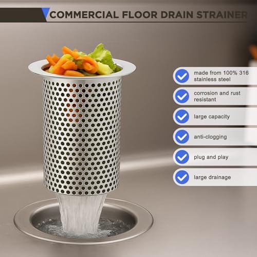 1 Pcs Commercial Floor Drain Strainer Perforated Cylindrical Mesh 316 Stainless Steel Drain Basket with Carry Handle –heavy-duty, for Restaurants, Kitchens, Factory (4" Diameter X 6" Tall) - Image 3