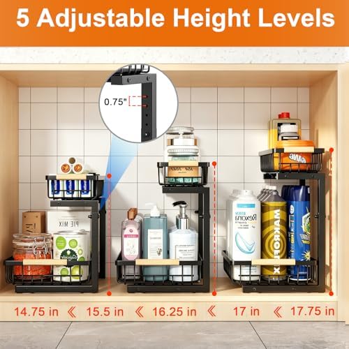 REALINN Under Sink Organizer, 2 Pack Height Adjustable Under Sink Organizers and Storage, 2 Tier Pull Out Drawer Cabinet Storage for Kitchen Bathroom - Image 4