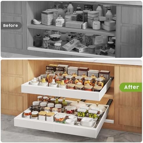 Seinloes 2 Pack Pull Out Cabinet Organizers 21"Deep with Raising Pad for Framed Cabinets,Expandable Slide Out Drawers Upgrade 3 Slide Rails,Roll Out Shelves Adhesive,Adjustable Width 12"-20.45" White - Image 6