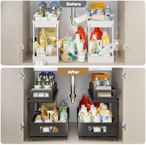 2 Pack 21.3IN-Depth Under Sink Organizer with Next-Gen Ball-Bearing Slides,2-Tier Pull Out Cabinet Storage,Height Adjustable Drawer Shelf for Bathroom,Kitchen,Laundry,Cabinet,Pantry-Black - Image 6
