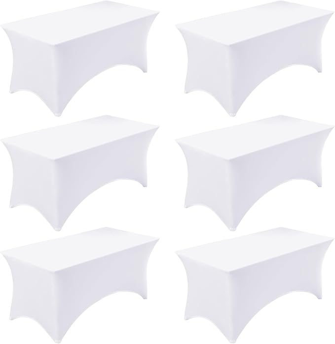 Fixwal 6 Pack 8FT White Tablecloth Rectangle Spandex Fitted Table Cover by Fixwal