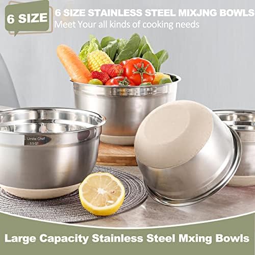 Umite Chef Mixing Bowls with Airtight Lids, 6 piece Stainless Steel Metal Nesting Storage Bowls, Non-Slip Bottoms Size 7, 3.5, 2.5, 2.0,1.5, 1QT, Great for Mixing & Serving (Khaki) - Image 4