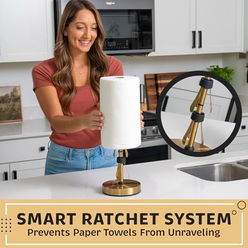 Heavy-Duty Stainless Steel Paper Towel Holder - Easy One-Handed Tear with Suction Cups - Modern Weighted Standing Countertop Dispenser for Kitchen - Holds All Paper Towel Rolls, Gold - Image 5