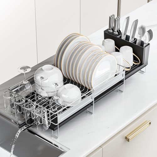 Stainless Steel Dish Drying Rack - Expandable Dish Racks for Kitchen Counter Organizer with Drain Board, Detachable Utensil & Cup Holder, Dish Drainer for Small Kitchen Counter, Black by Pantasia