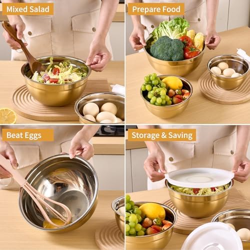 Gold Mixing Bowls With Airtight Lids,Stainless Steel Bowl,Salad Bowls 5 Piece Colorful Nesting Bowl Gold Kitchen Accessories,Size 5.5,3.6,2.7,2.1,1.5QT Stackable Design - Image 6