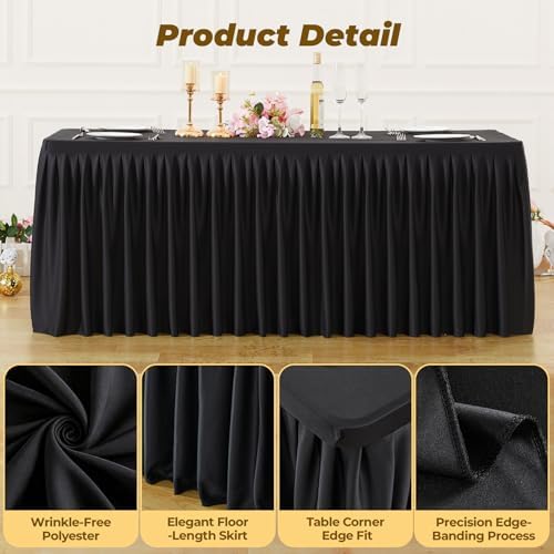 Black Polyester Table Cloths for Rectangle 4 Foot Tables, 2 Pack Wrinkle Free Tablecloths Stretchy Banquet Ruffle Fitted Table Cover Desk Skirt for Parties Wedding Birthday Baby Shower - Image 3