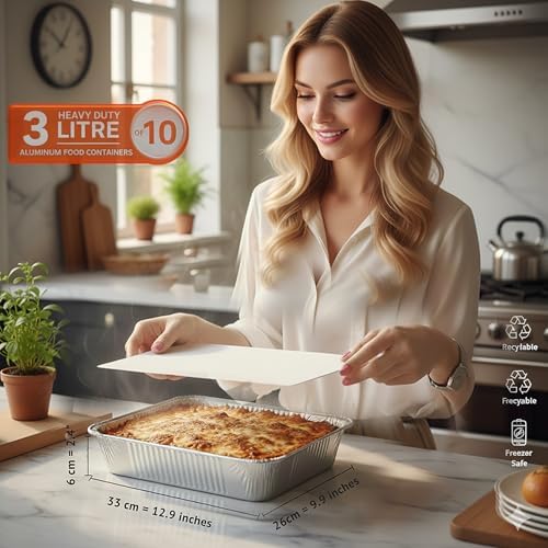 10 Pack Aluminium Foil Trays with Lids Containers Strong and Large Tin Foil Food Take Away Container Disposable Food Take Out Box with Lid|3 Litre | - Image 2