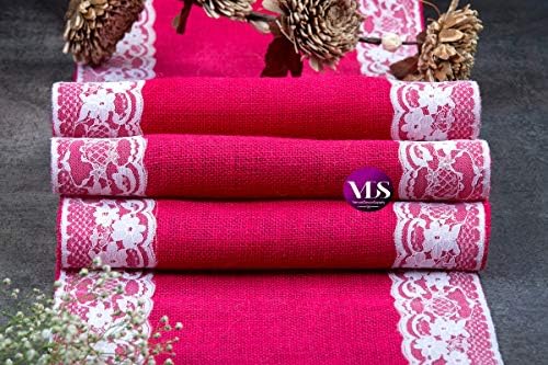 VDS Pack of 20, Burlap Table Runner with White Lace Edge, 100% Natural Jute Rustic Hessian Table Cloth Centerpiece for Wedding Birthday Party Banquet Table Decoration (Size 12X108 Inch)(Magenta) - Image 6