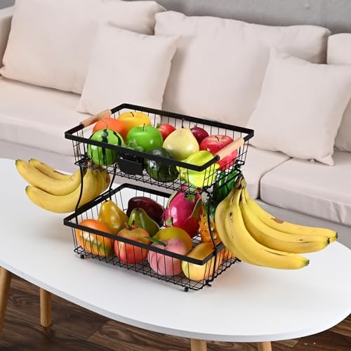 Fruit Basket Bowl 2 Tier Detachable with 2 Banana Hangers, Fruit Stand Holder for Kitchen Countertop, Metal Wire Vegetable Storage Organizer, for Bread Snack Veggies Produce, Black - Image 5
