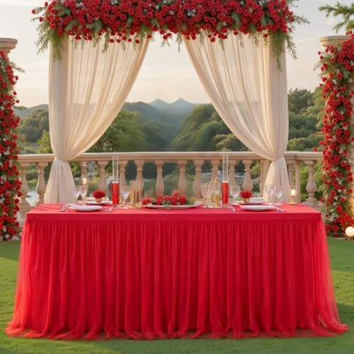 Suppromo 4 Pack 8ft Red Tulle Tablecloths for Rectangle Tables, 8 Foot Red Rectangular Table Cloth Wrinkle Free Tablecover with Tutu Skirt for Baby Shower Wedding Birthday Party Banquet Buffet Cake - Image 2