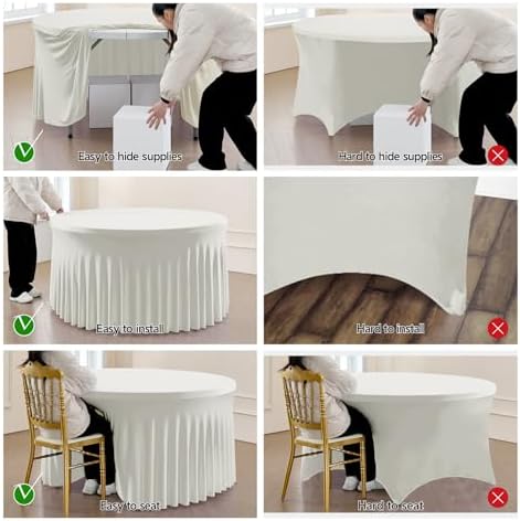 Outpain 8 Pack Spandex Ivory Round Tablecloths for 60in Tables, 120Inch Stretchy Fitted 5FT Round Table Clothes,Wrinkle Free Table Cover with Skirt for Wedding Party Dining Banquet - Image 4