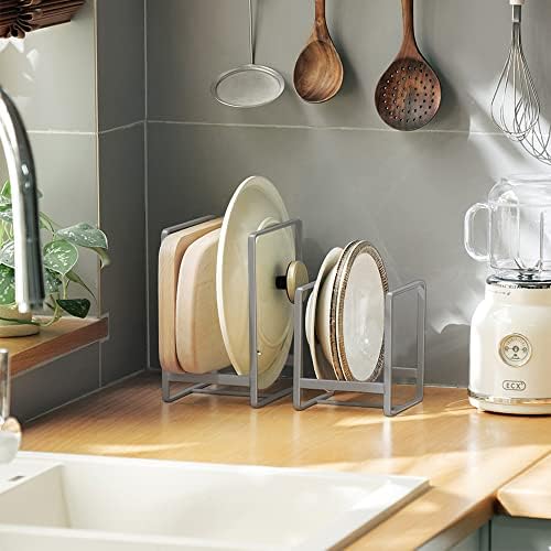 4PCS Plate Holders Organizer, Metal Dish Storage Dying Display Rack for Cabinet, Counter and Cupboard, Grey,2 Small and 2 Large - Image 2