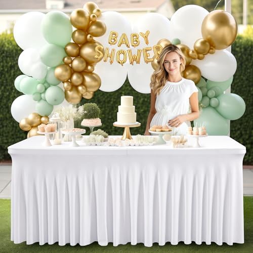 Wish Care 2 Pack White Spandex Table Clothes for 4 Foot Rectangle Tables, 4FT Wrinkle Free Fitted Tablecloths Ruffles Design Table Cover for Party, Banquet, Wedding and Events - Image 5