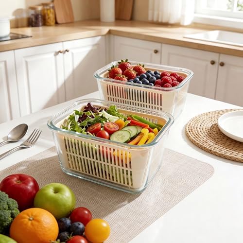 Urban Green Glass Food Storage Containers with Glass Lids, Microwave Safe Food Container Set, Aitight Meal Prep Container Set, BPA Free, 2 extra Colanders, LeakProof, 2 Pack of 60oz - Image 5