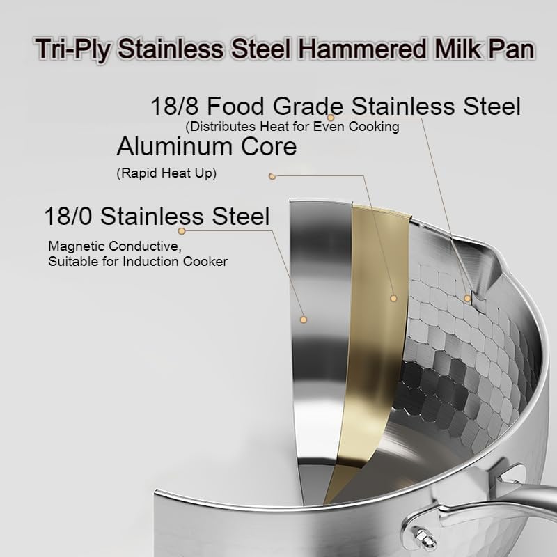 2.5 QT Tri-Ply Stainless Steel Hammered Saucepan with Steamer visible Lid and Pour Spout Japanese Milk Pot for Cooking Milk Noodle Pasta Soup Vegetable Induction Compatible Dishwasher Safe - Image 4