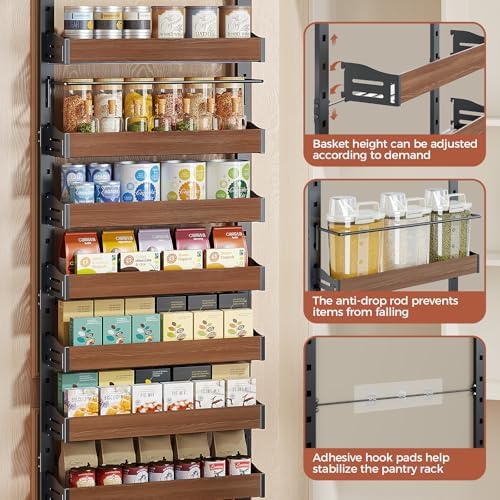 8-Tier Pantry Door Organizer, Over the Door Pantry Organizer with Wooden Adjustable Baskets, 2 IN 1 Spice Rack Wall Mount or Door Organizer, Door Spice Rack for Pantry（72.6×17.1×5.1in,Black) - Image 4