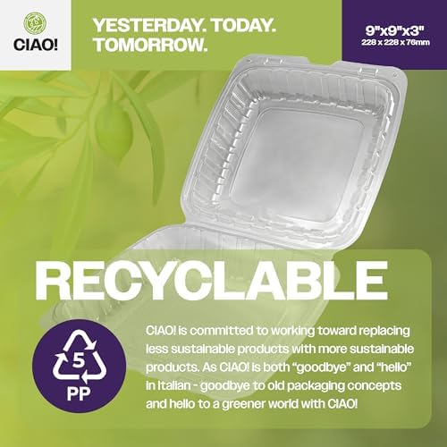 CIAO! 9"x9"x3" 1 Compartment PP Plastic Clear Hinged Container for Take Out (Case of 150) - Image 3