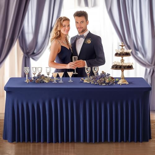 PARTISKY 2 Pack Navy Blue Table Cover for Rectangle Tables 8ft,One-Piece Spandex Elastic Table Cloth with Skirt for Wedding Folding Table Banquet Baby Shower & Birthday Parties - Image 5
