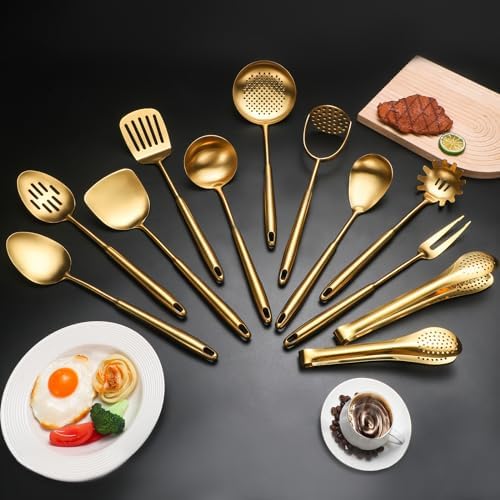 304 Stainlss Steel Matte Kitchen Utensils Set, 12 Pcs Long Metal Cooking Utensil Gadgets Tools Set with Spatula, Ladle, Spoon, Ladle, Skimmer, Tunner, Pasta Server, Tongs(Gold, Dishwasher Safe) - Image 2