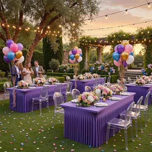 6 Pack Purple Spandex Table Clothes for 8 Foot Rectangle Tables, Wrinkle Free Fitted Table Cover 8ft Stretch Tablecloths Desk Skirt for Parties Weddings Birthday Banquet Baby Shower - Image 4