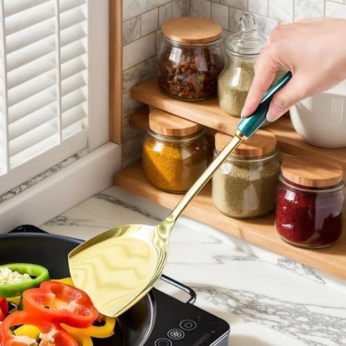 Novellus Stainless Steel Gold Kitchen Utensils Set with Holder, 7pcs Green | Kitchen Accessories for Cooking Includes Soup Ladle, Metal Spatula, Slotted Spoon, Slotted Spatula, Pasta Spoon, Green - Image 4