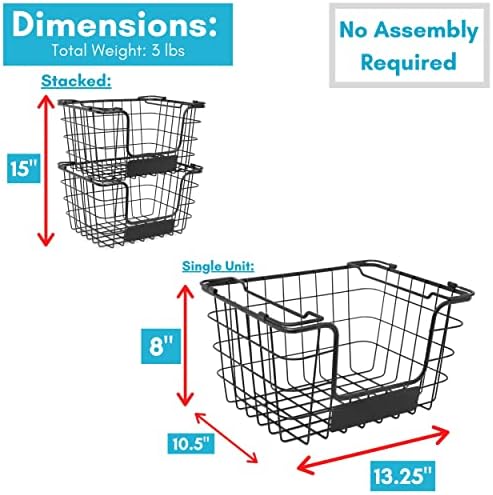 BirdRock Home Stacking Wire Market Baskets with Chalk Label | Set of 2 | Fruit Vegetable Produce Metal Storage Bin for Kitchen Counter | Black - Image 3