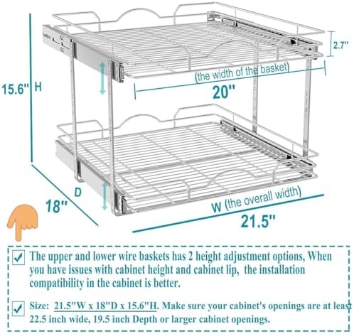 OCG 2 Tier Pull Out Cabinet Organizer (21.5" W x 18" D), Pull Out Shelves for Kitchen Cabinets, Slide Out Pantry Shelves for Base Cabinet Organization in Kitchen Bathroom Pantry, Chrome Finish - Image 2