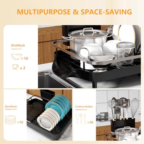 Expandable Dish Drying Rack，Dish Rack for Kitchen Counter-Dish Drainer with Efficient Drainage, Drainboard Set, and Utensil Holder, Over the Sink Dish Drainer Drying Rack - Image 4