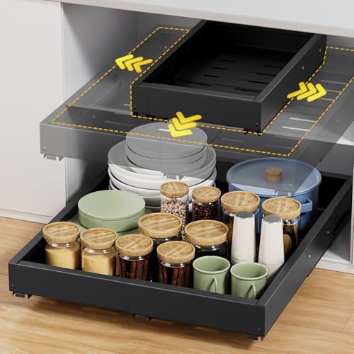 Upgrade Pull Out Cabinet Organizer, Expandable Width (11.4"-18.9") Depth (16.3"-21.7") Pull out Drawers for Cabinets with 3 Rails, No Drill Adhesive Film or Nail Slide out Drawers for Kitchen, Pantry by Beolisav