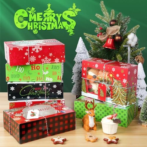 24 Pcs Christmas Cookie Boxes 8.7"x 6"x 2.7" Christmas Bakery Treat Box With Window Tag and Ribbons Goodie Candy Cookie Containers Kraft Paper Cookie Tins for Winter Holiday Xmas Party Gift Giving - Image 5