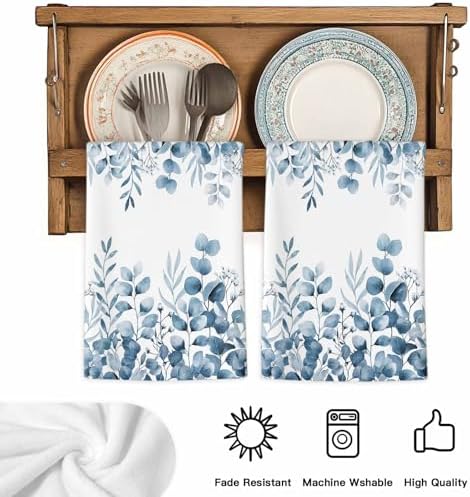 Blue Eucalyptus Kitchen Towels Set of 4, Absorbent Dish Towels for Kitchen, Botanical Summer Leaves Country Floral Microfiber Hand Towel, Quick Drying Tea Towel for Cleaning Decorative Dishcloths - Image 5