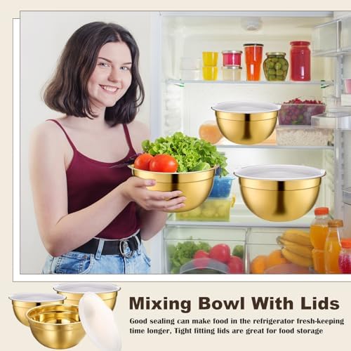 Baderke 6 Pcs Gold Kitchen Accessories Set Includes 3 Gold Mixing Bowls with Airtight Lids Stainless Steel Colander Grater Slicer and Fine Mesh Strainer(Mixing Bowls: 2.8/3.7/5 Qt, Colander: 4 Qt) - Image 5