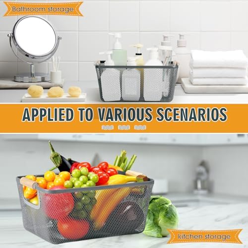 Ziliny 4 Pcs Mesh Wire Baskets for Organizing, Medium, Dark Gray | Metal Pantry Organizers with Wooden Handles, Storage Steel Bin, Kitchen Baskets for Fruit Potato Onion Snacks Bath Cabinet - Image 4