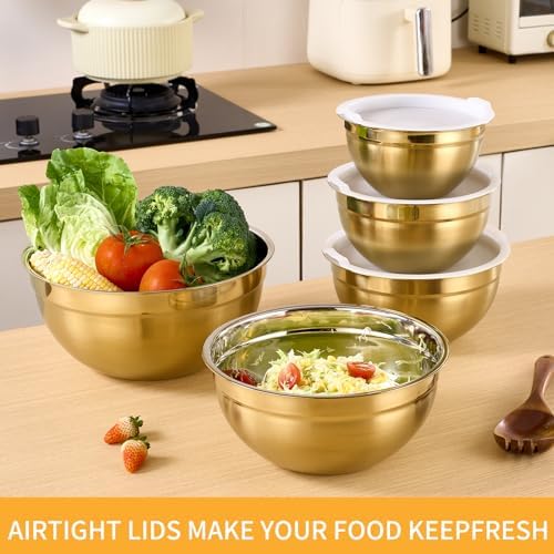 Gold Mixing Bowls With Airtight Lids,Stainless Steel Bowl,Salad Bowls 5 Piece Colorful Nesting Bowl Gold Kitchen Accessories,Size 5.5,3.6,2.7,2.1,1.5QT Stackable Design - Image 5
