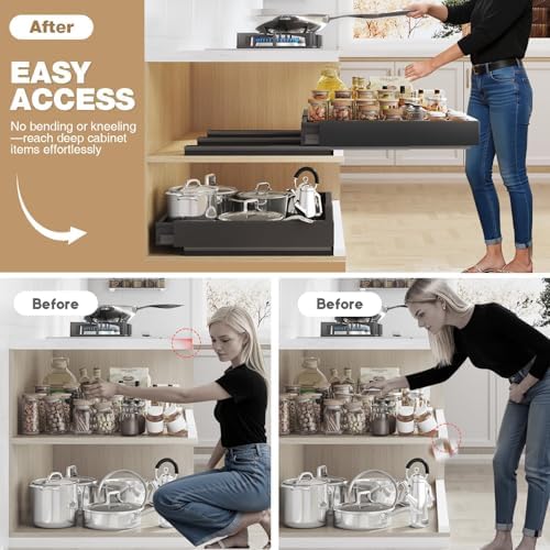 Seinloes Pull Out Cabinet Organizer, 4-Side Expandable to Fit Most Cabinets, 3 Rail Slide Out Drawers with Raising Pad for Framed & Frameless Cabinets, 13"-21" W x 17"-24" D, Black, 2 Pack - Image 5