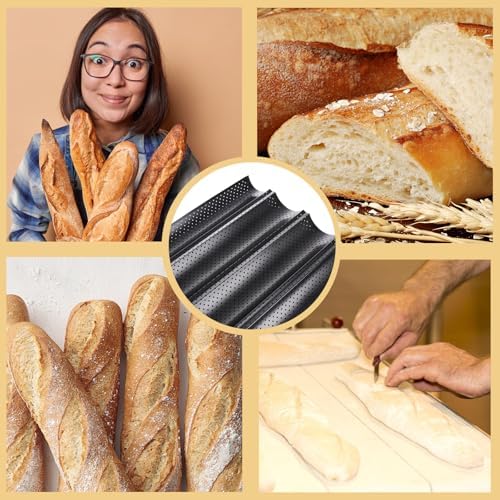 ASelected Baguette Baking Tray Baguette Tray with Non-Stick Coating Baguette Baking Mould for 4 Baguettes Bread Baking Mould Perforated Baguette Tray Rolls with 4 Cavities - Image 6