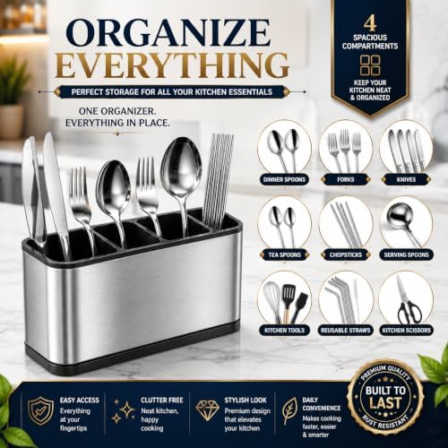 Cutlery Utensil Holder Spoon Fork Storage Organizer for Countertop Kitchen Rustproof, Flatware Caddy Stainless Steel Cutlery Holder Stainless Steel Kitchen Organizer Caddy - Image 2