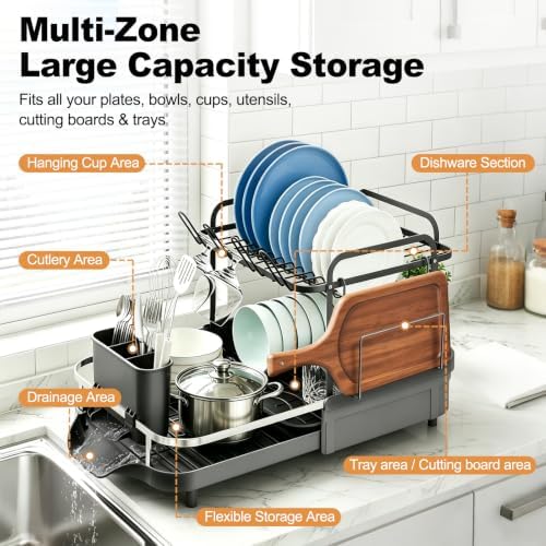 Expandable Stainless Steel 2-Tier Large Capacity Dish Drying Rack, Auto Drain Kitchen Counter Drainer with Rotatable Multi-Slot, Drainboard, Utensil, Cup Cutting Board Holder, 15"-22.4" Adjustable - Image 7